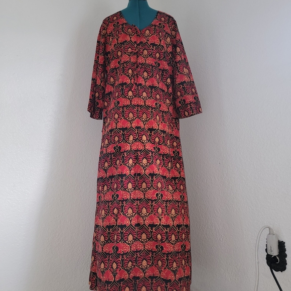 Vintage Thai size 12 red cotton kaftan Maxi Dress house robe loungewear - Picture 2 of 16